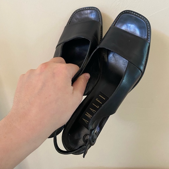 AMALFI ITALY SLING BACK SQUARE TOE BLACK LEATHER VINTAGE HEELS SIZE 8.5 AA - Picture 2 of 8
